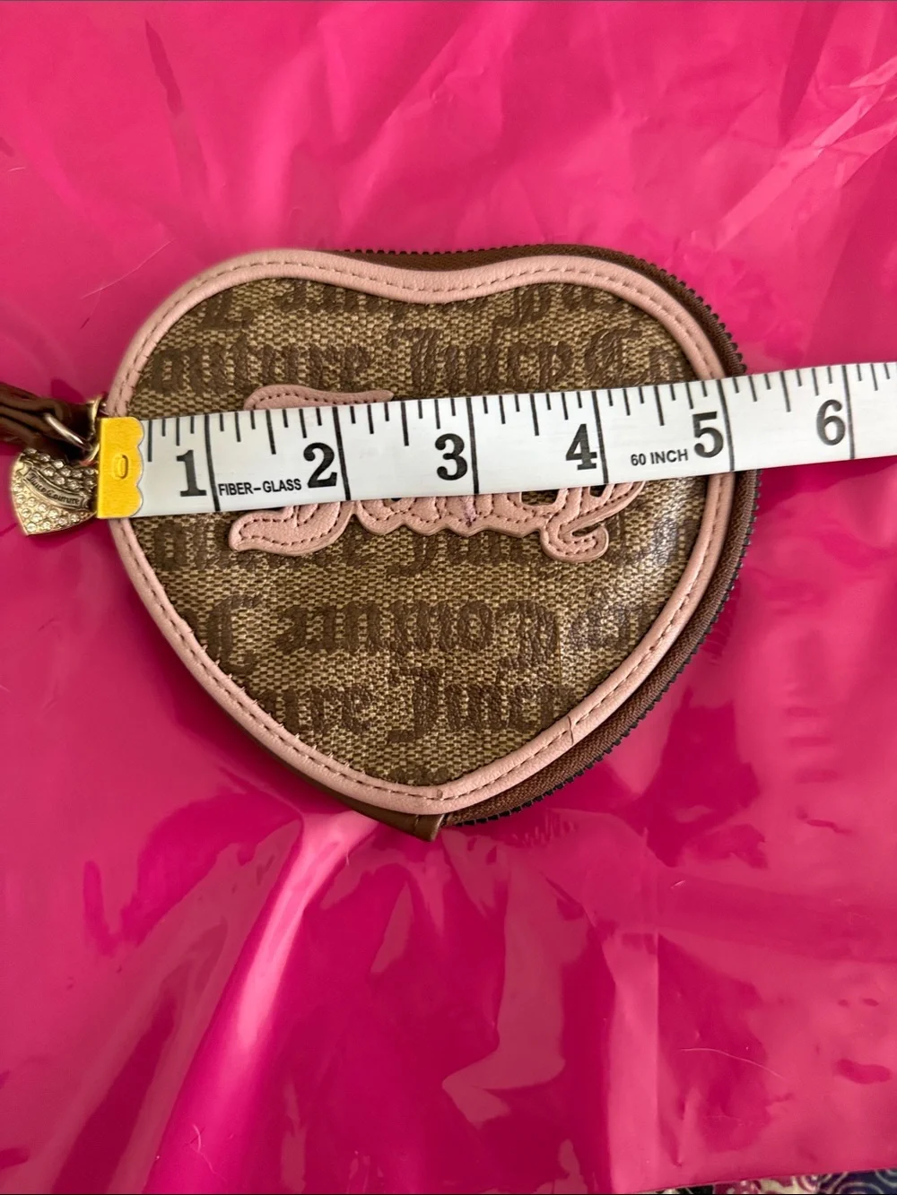 Juicy Couture Heart Wristlet in Beige with Pink Trim